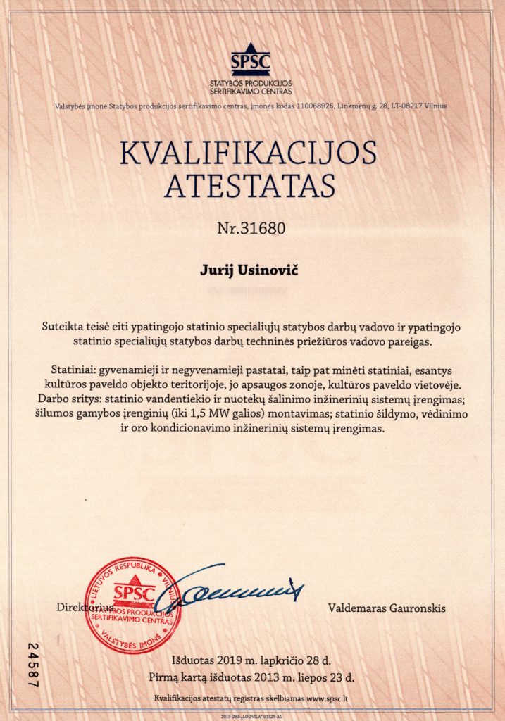 Jurij Ušinovič – statybos techninės priežiūros vadovo atestatas Nr. 31680 – UAB LINKODAS