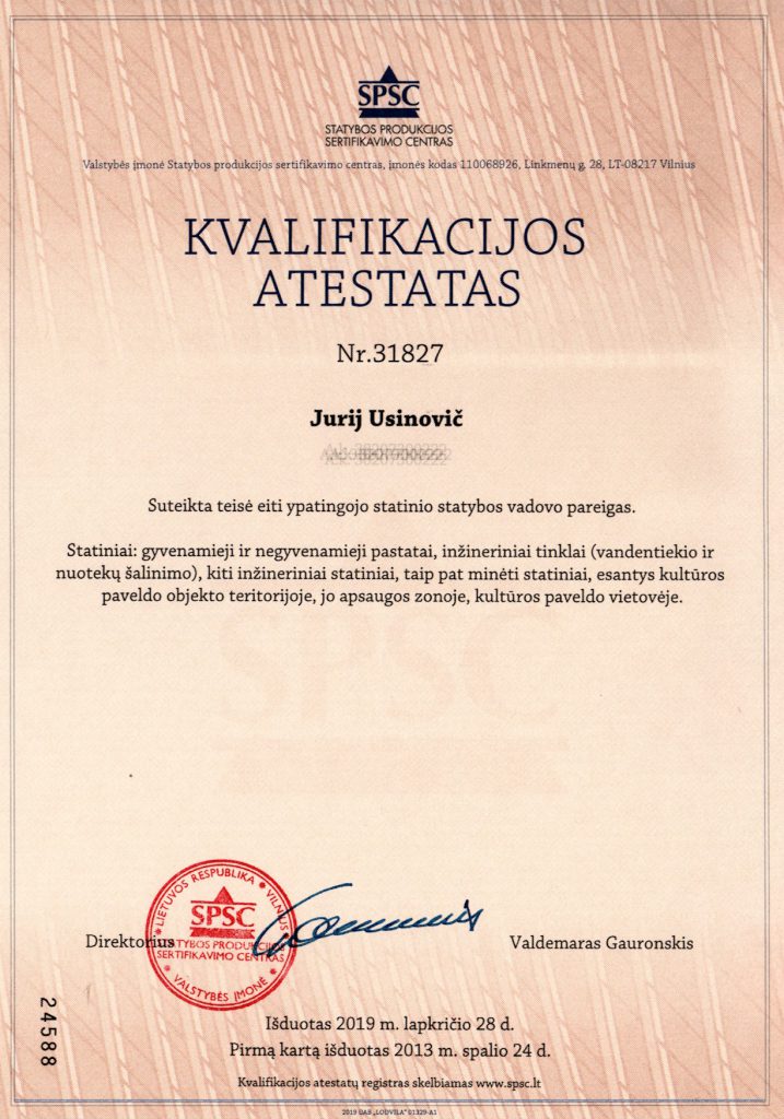 Jurij Ušinovič – statybos techninės priežiūros vadovo atestatas Nr. 31827 – UAB LINKODAS
