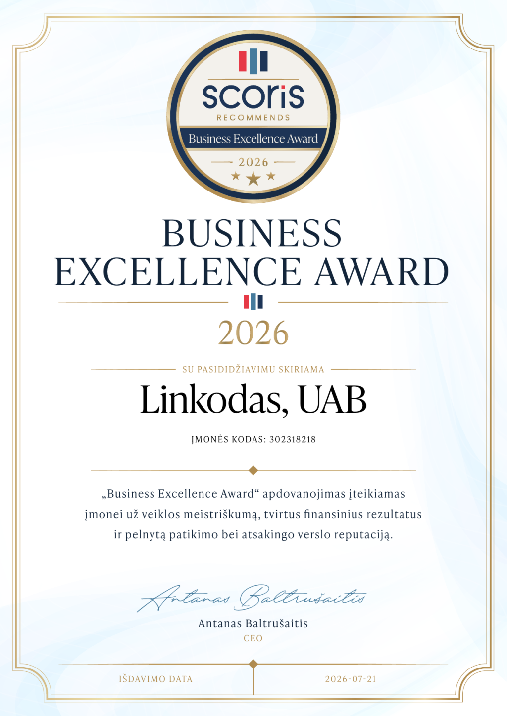Business Excellence Award 2026 – „Scoris" apdovanojimas – UAB LINKODAS