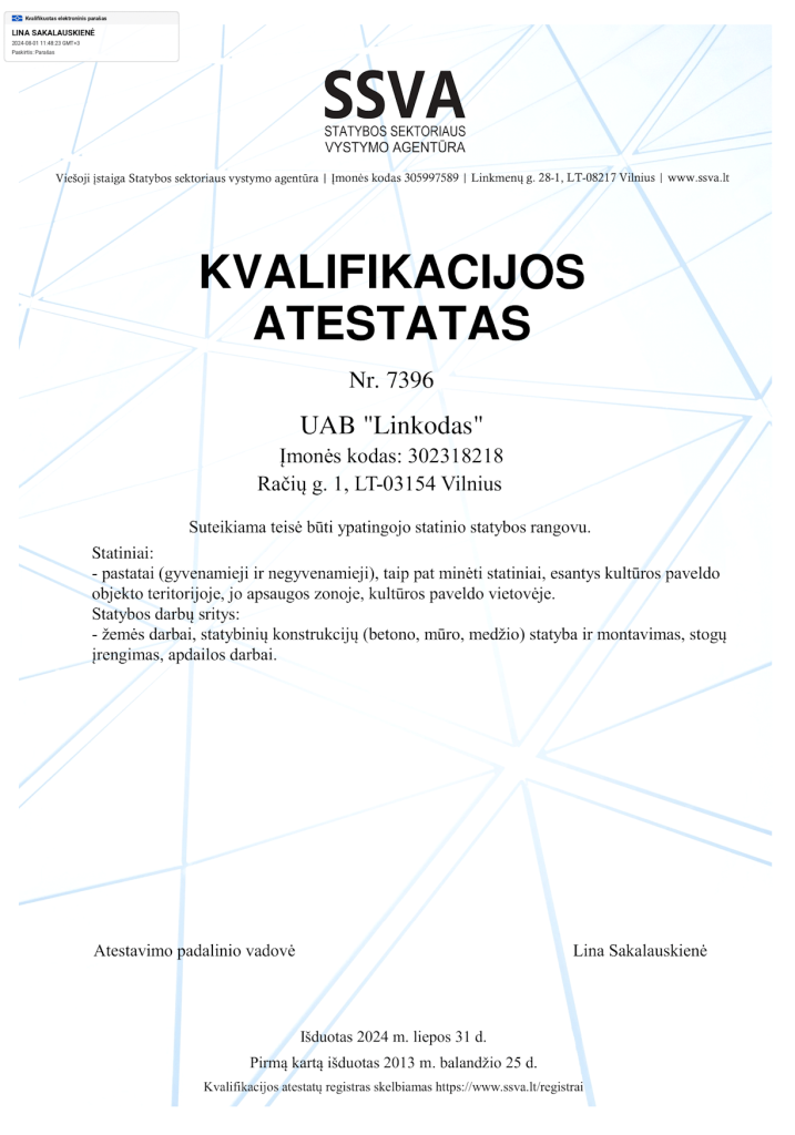 Kvalifikacijos atestatas Nr. 7396 – ypatingieji statybos darbai – UAB LINKODAS