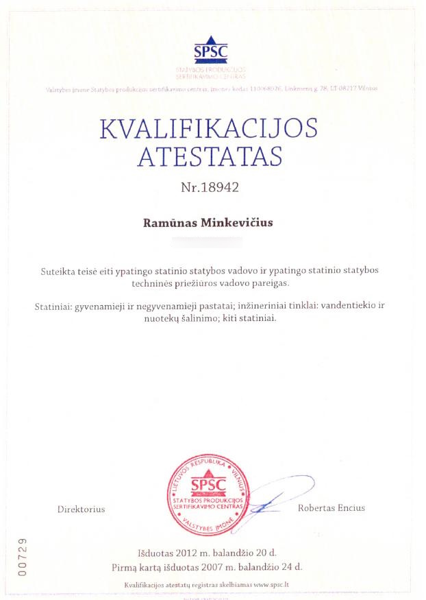 Ramūnas Minkevičius – statybos techninės priežiūros vadovo atestatas – UAB LINKODAS
